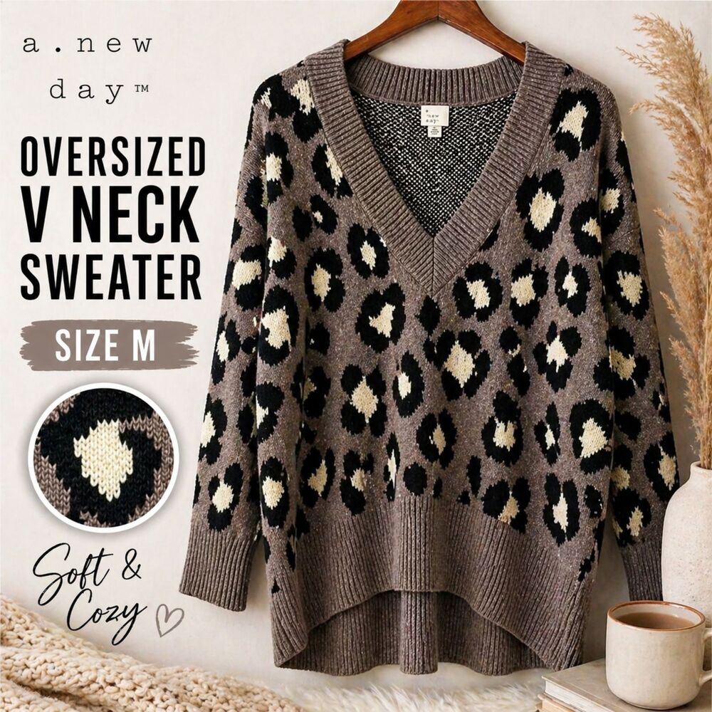 A New Day Leopard Sweater Womens M Oversized V Neck Gray Animal Print Cozy